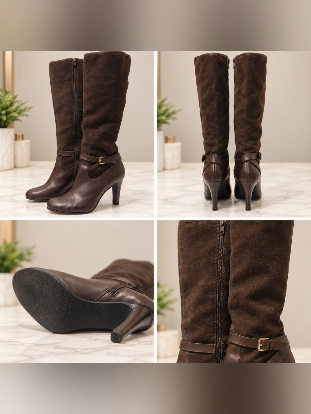 Antonio Melani Knee High Brown Leather Suede Heeled Boots Size 8M